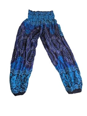 Boho Paisley Harem Pants Blue Purple Smocked Waist Women's Small Festival